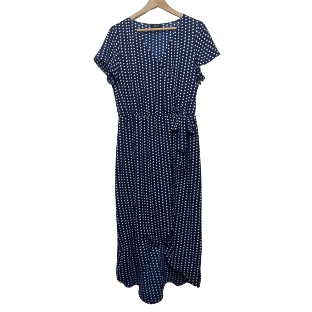 ALYX | Navy Blue & White Polka Dot High Low Wrap Dress | Size L
